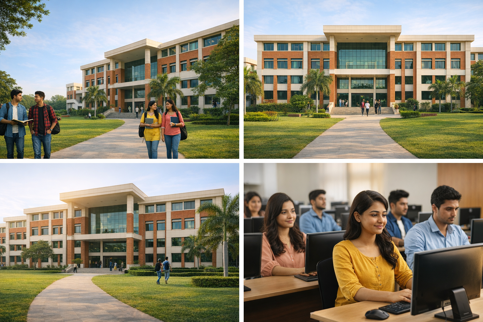 College campus, students, and computer lab
